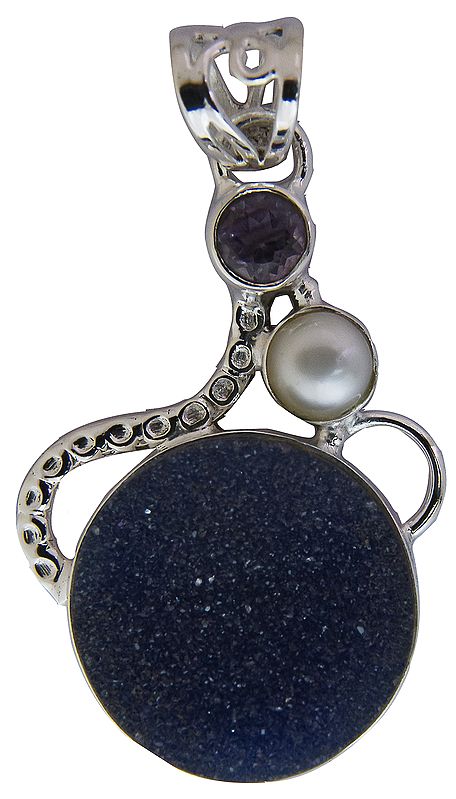 Blue Druzy Pendant with Pearl and Amethyst