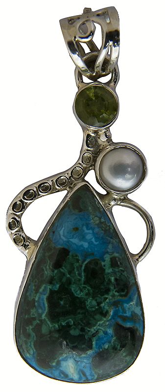 Azure Malachite Pendant with Pearl and Faceted Peridot