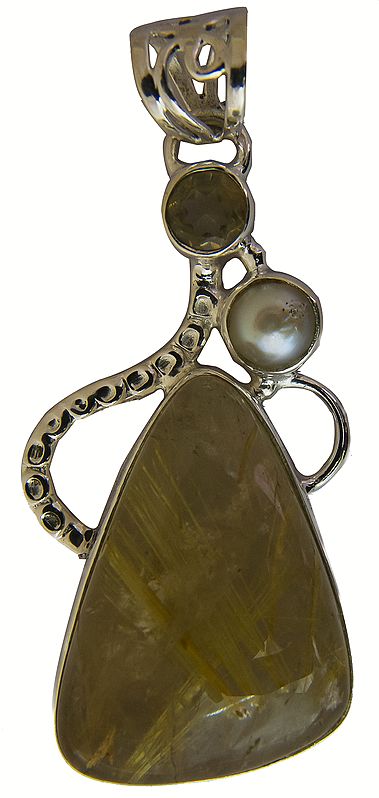 Rutilated Quartz Pendant with Pearl and Faceted Lemon Topaz