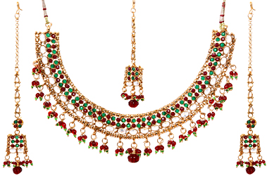 Faux Ruby and Emerald Necklace Set with Mang Tika