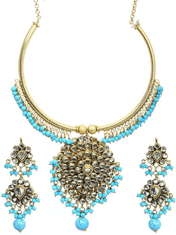 Kundan Necklace Set with Cyan-Blue Stones