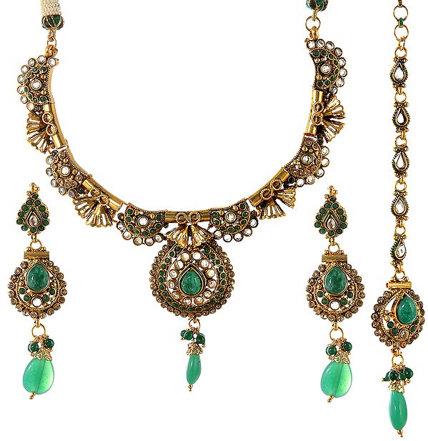 Faux Emerald  Necklace Set with Mang Tika