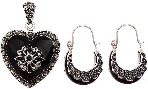 Black Marcasite Heart-Shape Pendant with Earrings Set