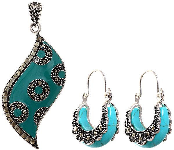 Turquoise Colour Marcasite Pendant with Earrings Set