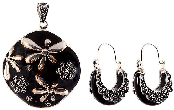 Black Marcasite Pendant with Earrings Set
