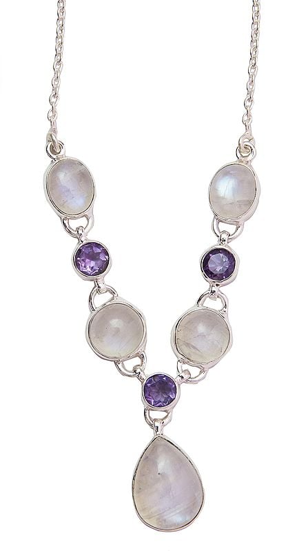 Rainbow Moonstone Necklace with Faceted Amethyst