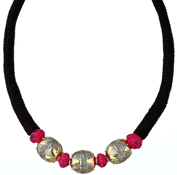 Black Cord Necklace with Granulated Beads