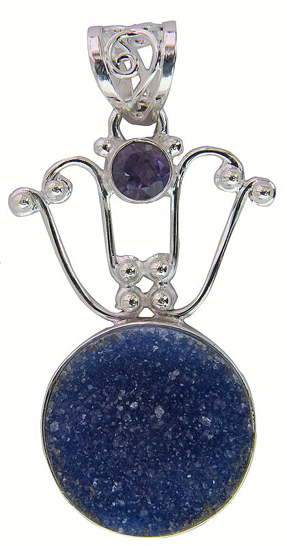Blue Druzy Pendant with Faceted Amethyst
