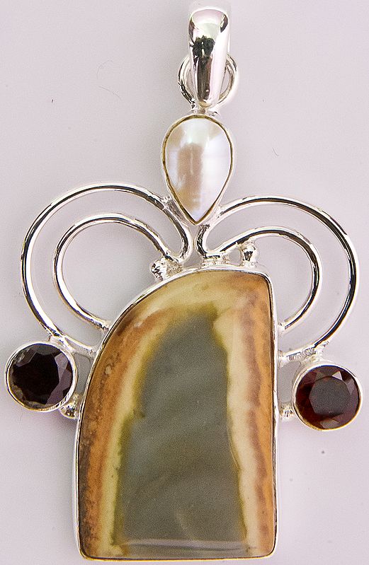 Jasper Pendant with Pearl, Faceted Garnet and Smoky Quartz