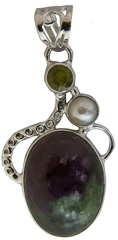 Ruby Zoisite Pendant with Faceted Peridot and Pearl
