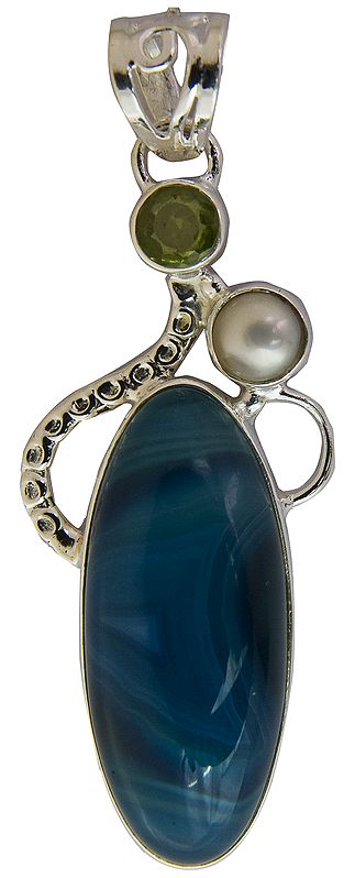 Banded Blue Chalcedony Pendant with Faceted Peridot and Pearl
