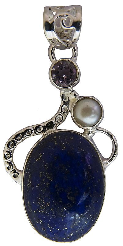 Lapis Lazuli Pendant with Pearl and faceted Amethyst