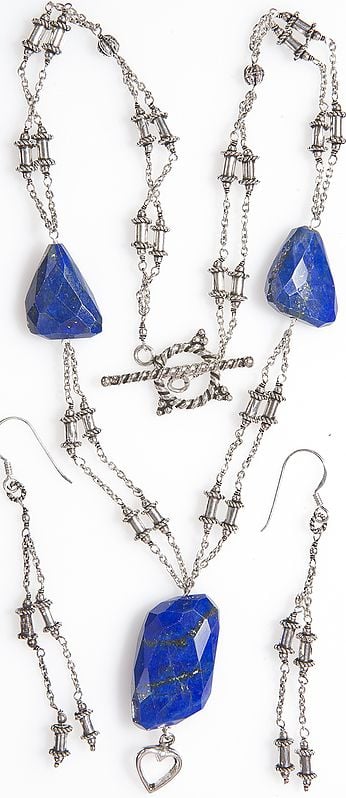 Faceted Lapis lazuli Necklace with Sterling Earrings Set