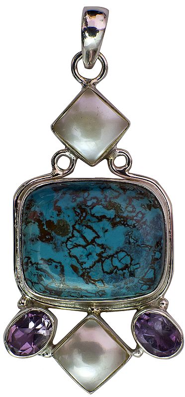 Azure Malachite Pendant with Faceted Amethyst and Pearl