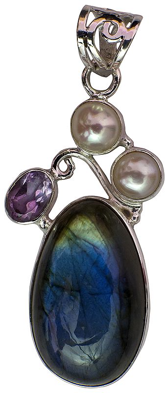 Labradorite Pendant with Faceted Amethyst and Pearl