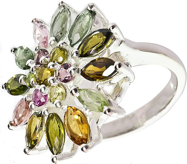 Faceted Tourmaline Flower Ring (Mixed Color)