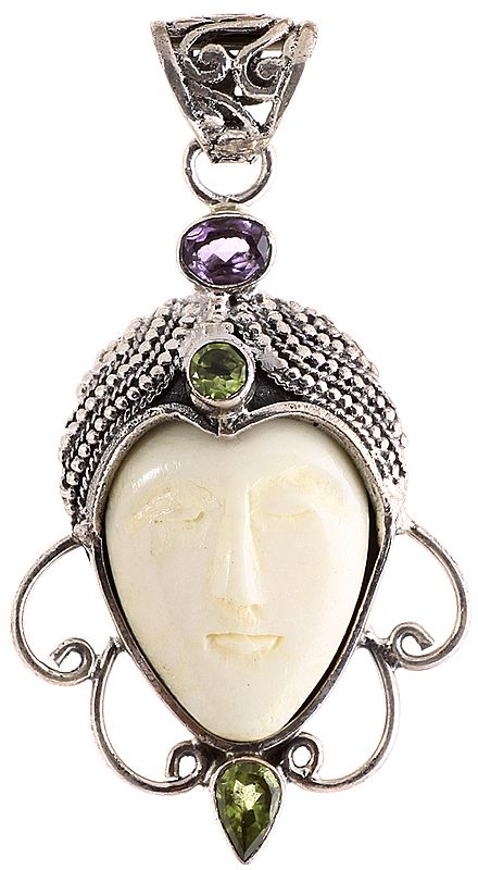 Goddess White Tara Face Pendant (Carved In Stone with Amethyst and Peridot)