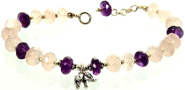 Faceted Rose Quartz and Amethyst Bracelet with Elephant