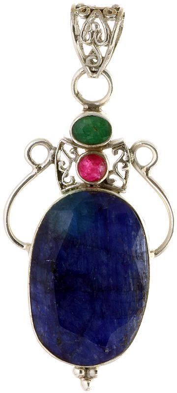 Faceted Sapphire Pendant with Emerald and Ruby