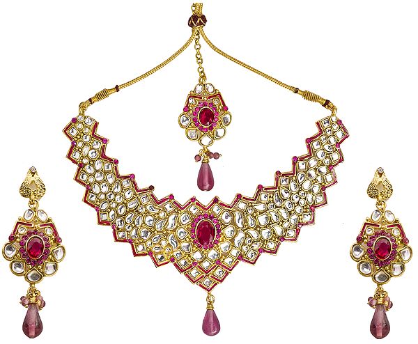 Red Kundan Necklace Set with Golden Accent