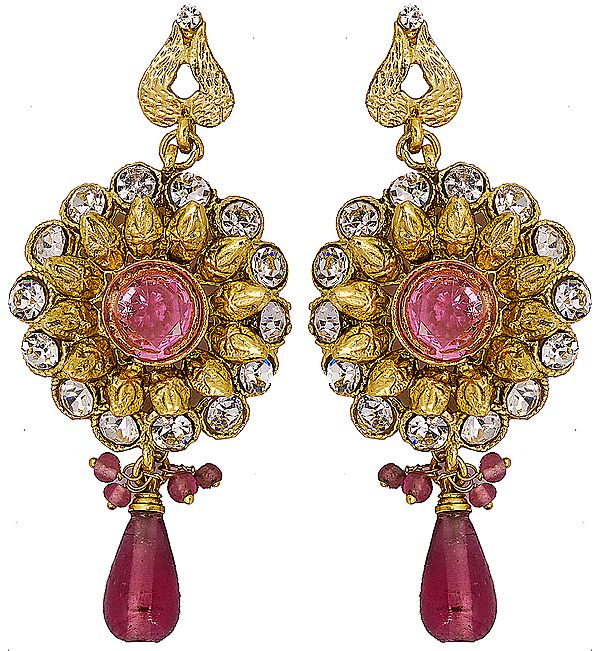 Pink Cut Glass Flower Earrings with Golden Accent