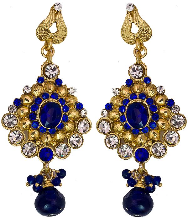 Blue Cut Glass Earrings with Golden Accent