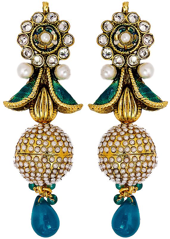 Faux Pearl Designer Meenakari Earrings with Golden Accent