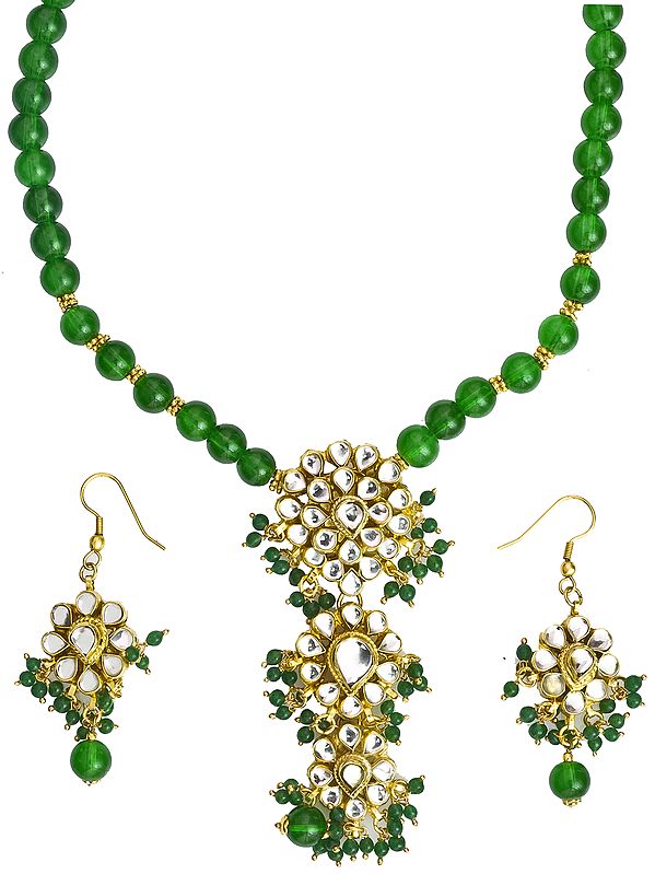 Islamic-Green Beaded Necklace Set with Kundan