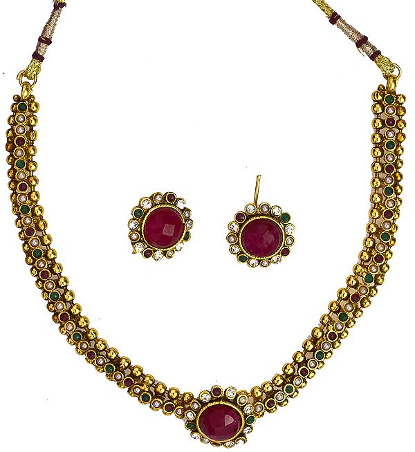 Faux Ruby, Emerald and Pearl Necklace with Earrings Set