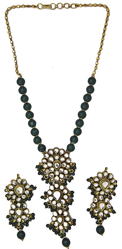 Faux Emerald Beaded Necklace Set with Kundan