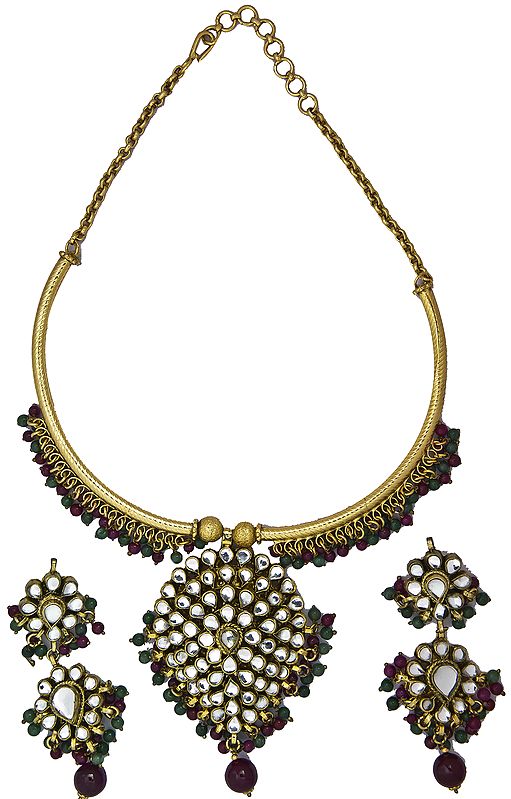 Kundan Gold Plated Necklace Set with Faux Ruby and Emerald