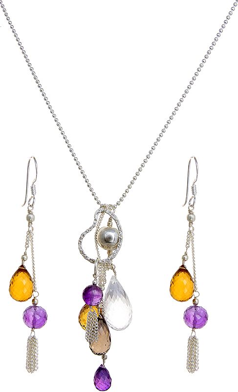 Faceted Gemstone Necklace and Earrings Set (Beer Lemon Topaz, Amethyst, Smoky Quartz and Crystal)