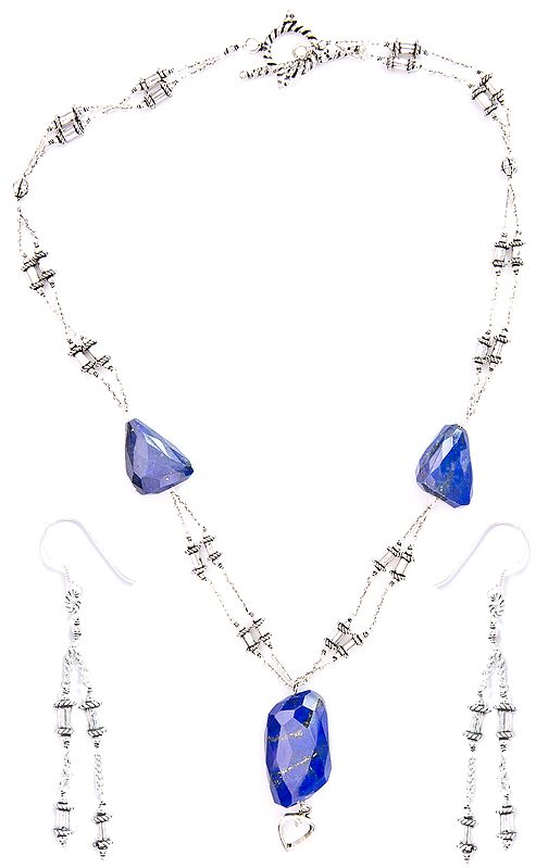 Faceted Lapis Lazuli Necklace with Earrings Set