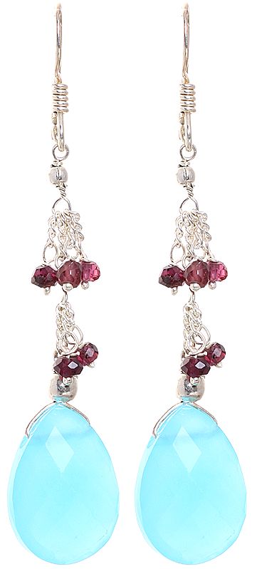 Faceted Blue Chalcedony Earrings with Garnet