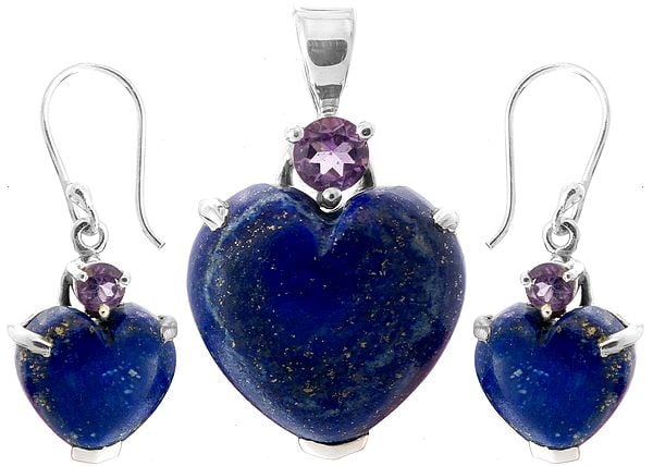 Lapis Lazuli Heart-Shape Pendant with Faceted Amethyst and Earrings Set