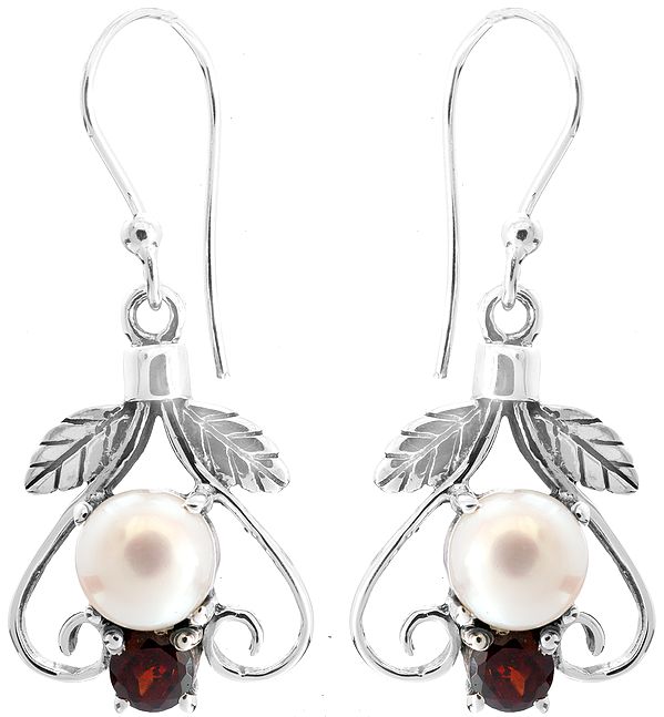 Pearl Earrings with Faceted Garnet and Sterling Leaves