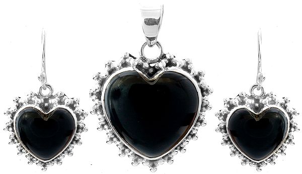 Black Onyx Heart-Shape Pendant and Earrings Set