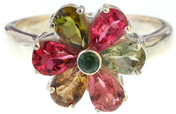 Faceted Green and Pink Tourmaline Flower Ring