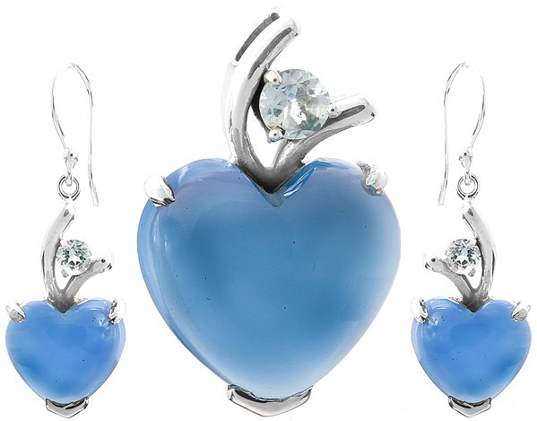 Blue Chalcedony and BT Heart-Shape Pendant and Matching Earrings Set