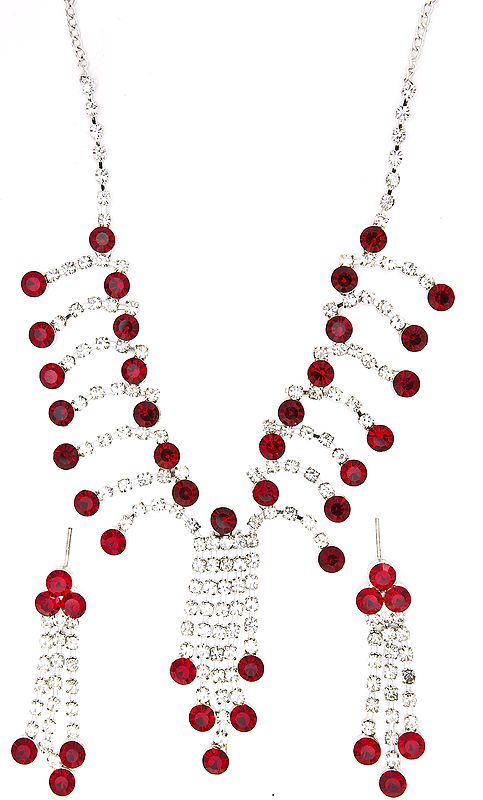 Garnet-Red Victorian Necklace and Earrings Set with Cut Glass