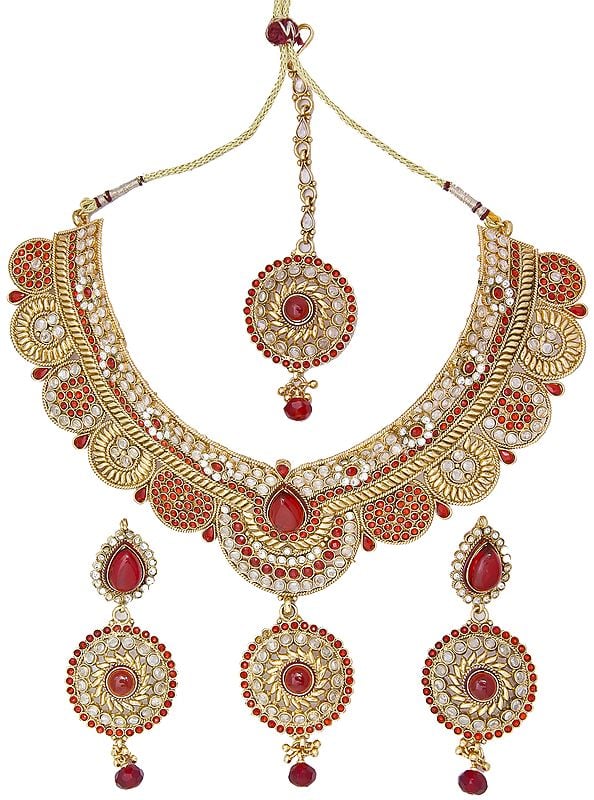 Garnet-Red Bridal Necklace Set and Mang Tika