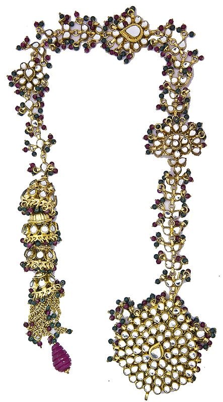 Bridal Kundan Hair-braid Ornament (Choti) with Faux Ruby and Emerald