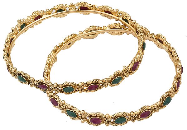 Set of Two Polki Bangles with Faux Ruby and Emerald