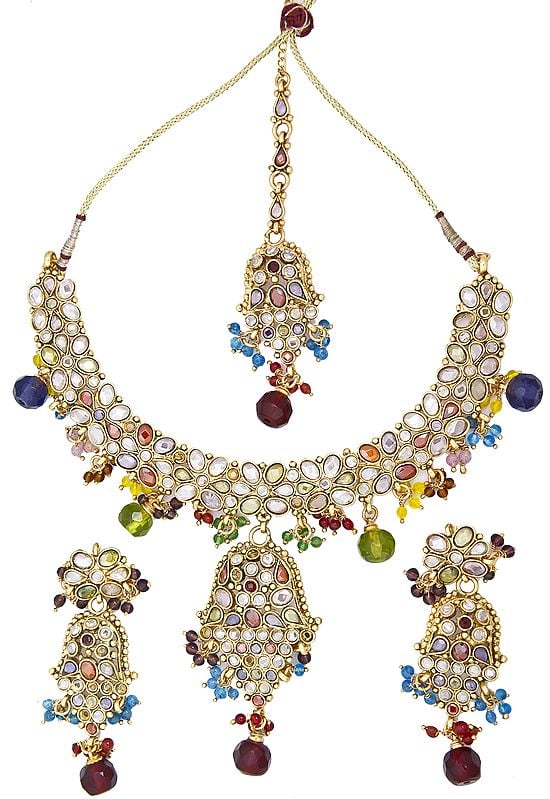 Multi-Color Polki Necklace Set With Mang Tika