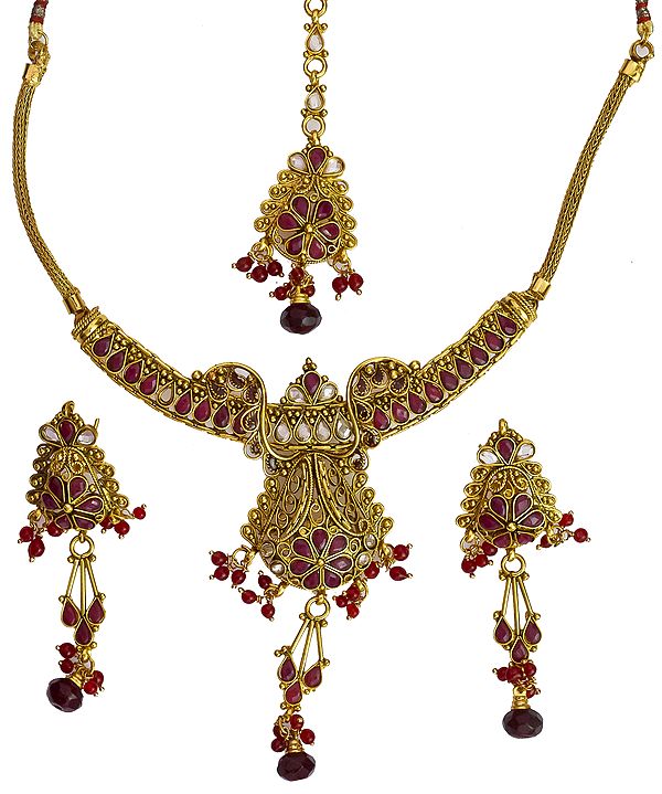 Faux Ruby Necklace Set With Earrings and Tika