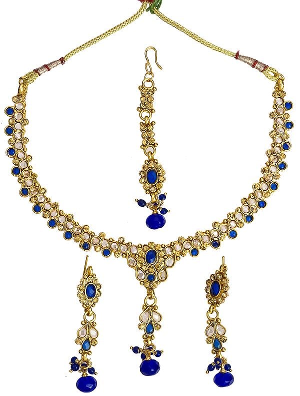Deep-Blue Polki Necklace Set with Mang Tika