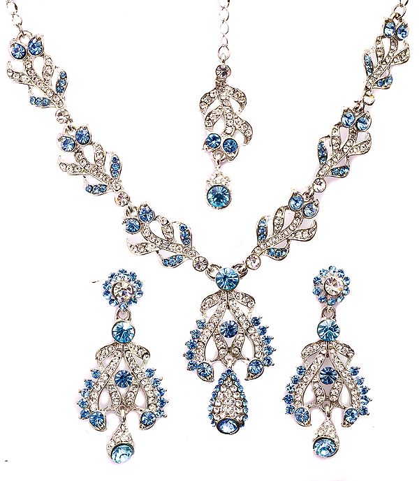 Alaskan-Blue Victorian Necklace Set with Earrings and Mang-Tika