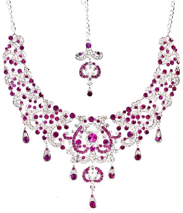 Pink Valentine Necklace with Earrings and Mang-Tika