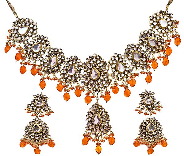 Kundan Necklace Set with Orange Beads