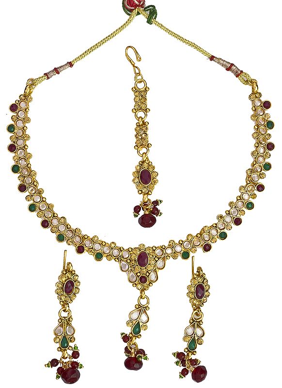 Faux Ruby and Emerlad Necklace Set with Cut Glass